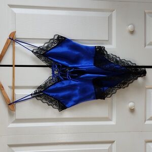 Vintage Lauren Rogers Blue Black Lace Teddy Romper Size Med Corset‎ Lacing Goth